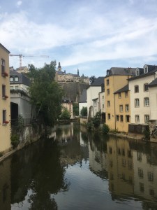 The grund in luxembourg. Water reflects the trees 