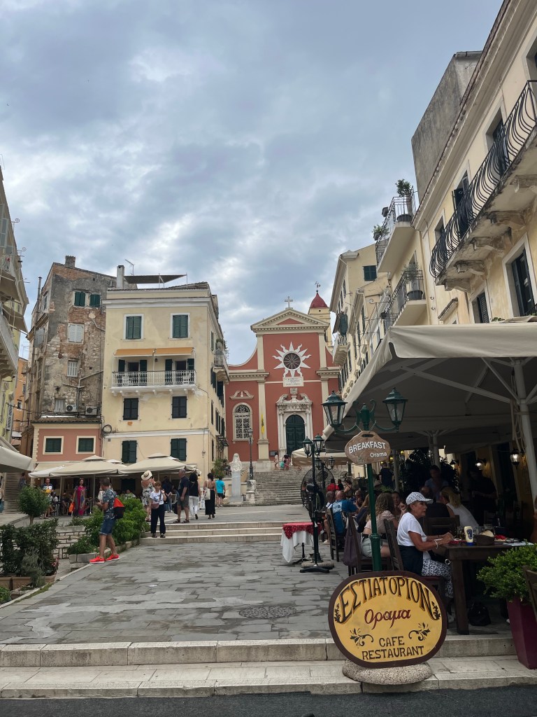 Corfu Old Port buildings and church. 